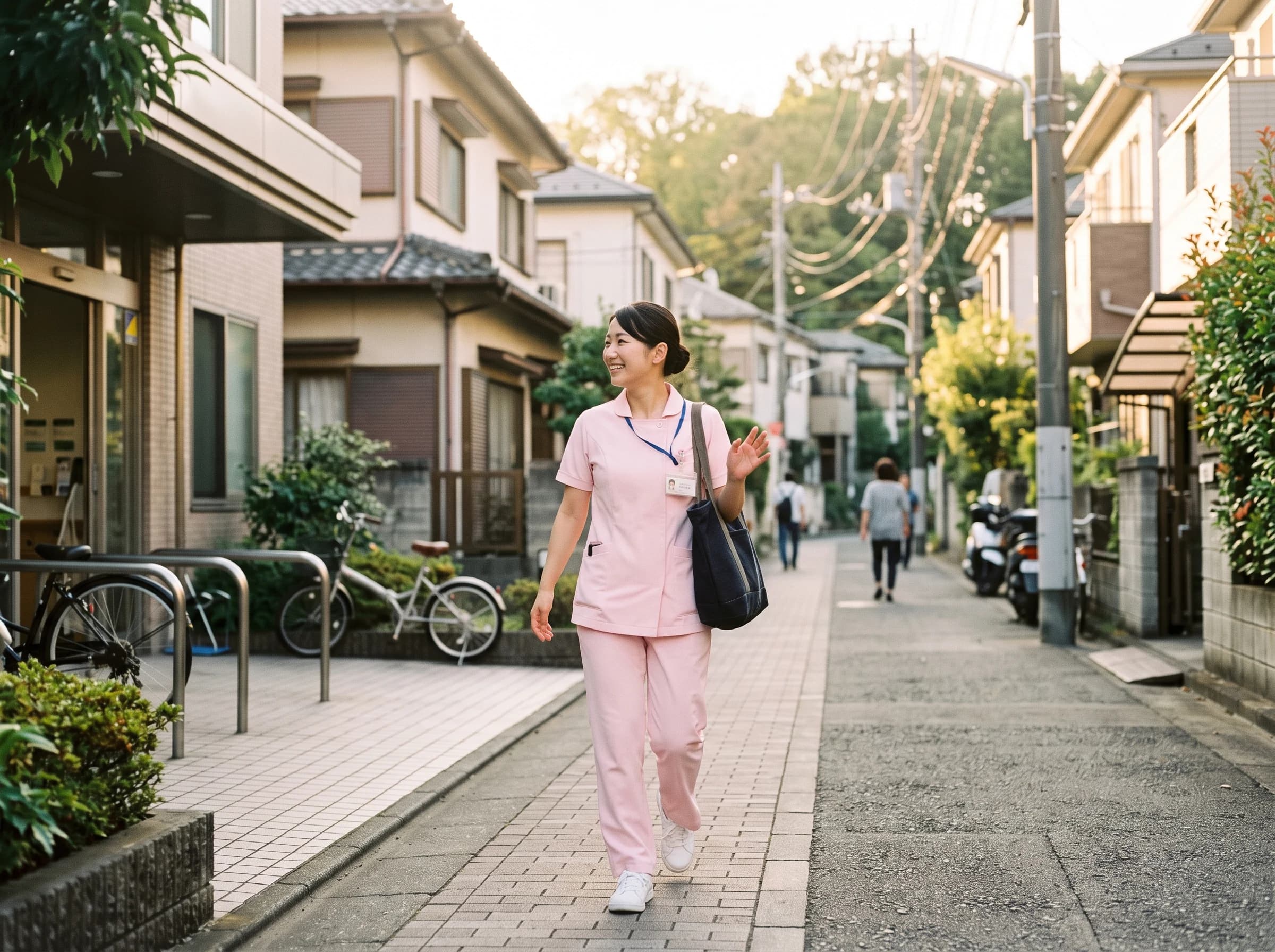 日中の勤務を終えて笑顔で退勤する看護師